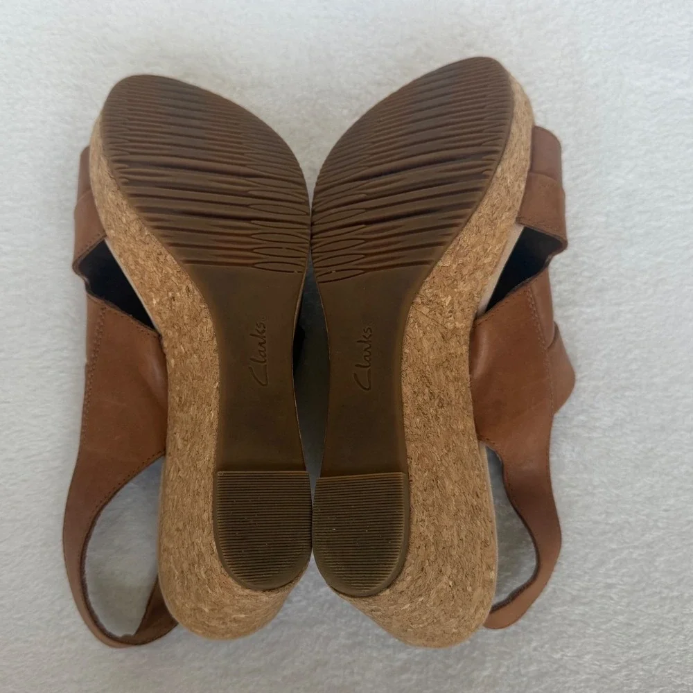 Clarks Collection Tan Cork Wedge Slingback Sandals, Ultimate Comfort sz 10 boho